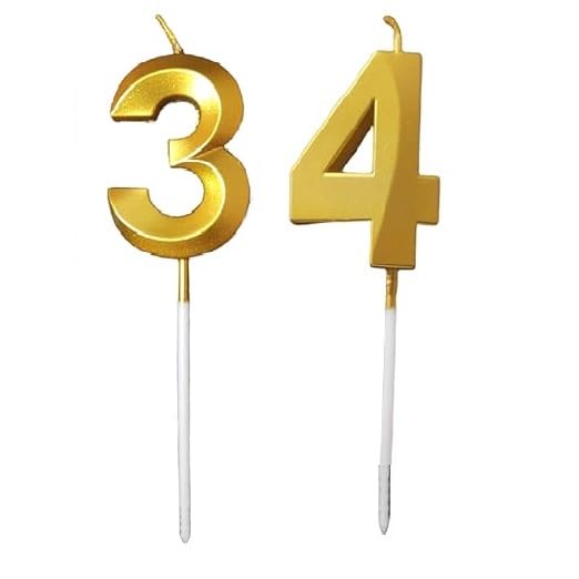 Image of ToyUniverse Number 34 Metallic Gold Candle for 34th Birthday, Anniversary, Surprise Party Cake Decoration (Pack of 2)