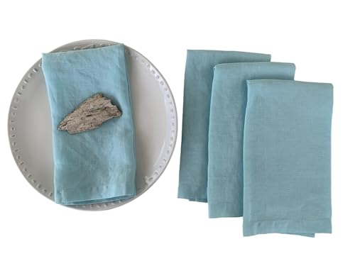 Eight Owls Stonewashed Linen Napkins - 20 Inch x 20 Inch – Set of 4-100% Pure Linen Cloth - Mitered Corners - Coast, (Aqua Lagoon)