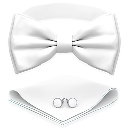 Image of Adam Young Men's Bow Ties with Handkerchief & Cufflinks Pre-Tied Style Formal Satin Classic Bowtie for Tuxedo Faux Silk