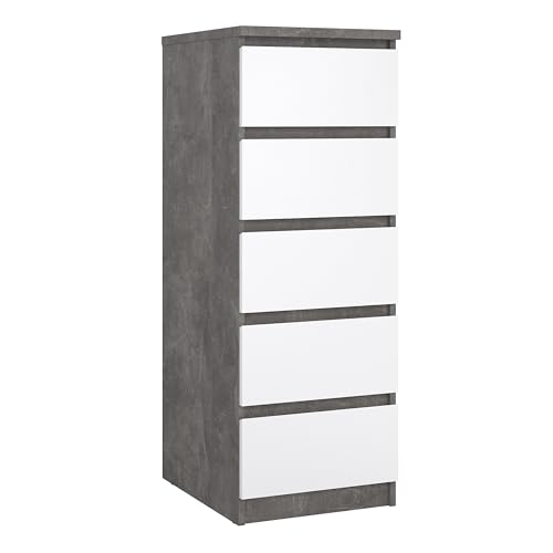 Furniture To Go Naia Narrow Chest of 5 Drawers in Concrete and White High Gloss