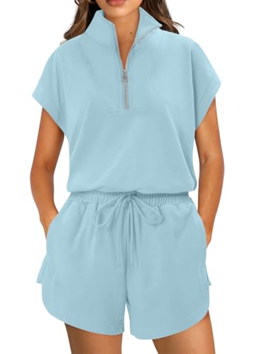 KISSMODA Two Piece Sets for Women Sweatsuit Casual Tracksuits Short Sleeve Tops and Shorts 2025 Lounge Outfits