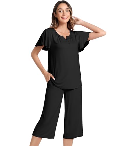 Image of NACHILA Bamboo Viscose Pajamas for Women Short Sleeve V Neck Capri Set