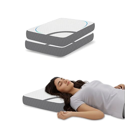 Image of Ergonomic Contour Pillow Set of 2, 50x30x6 cm Memory Foam Cervical Support for Neck Relief, Breathable White & Grey Jacquard Case, Orthopedic Bedding for Stiff Shoulders