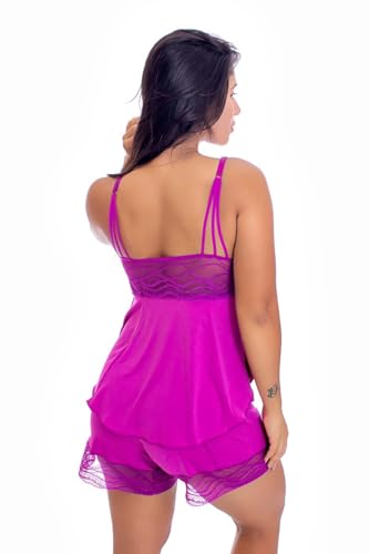 Pijama Short Doll Baby Doll IMI Lingerie Microfibra E Renda (Roxo, M)