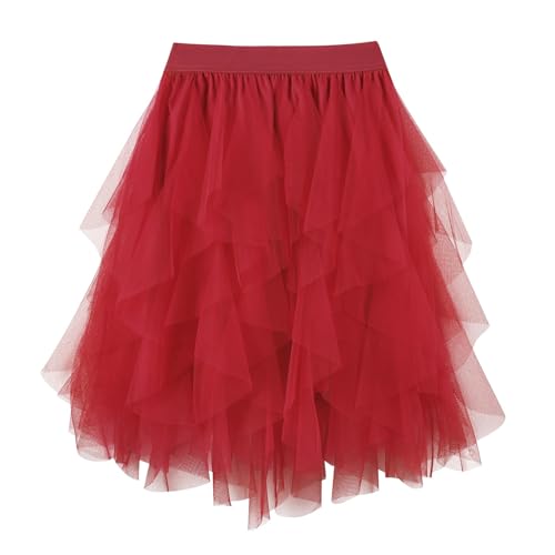 WERFORU Damen Tüllrock Petticoat Tütü High Waist A-Linie Tutu Rock Midirock Sommerrock
