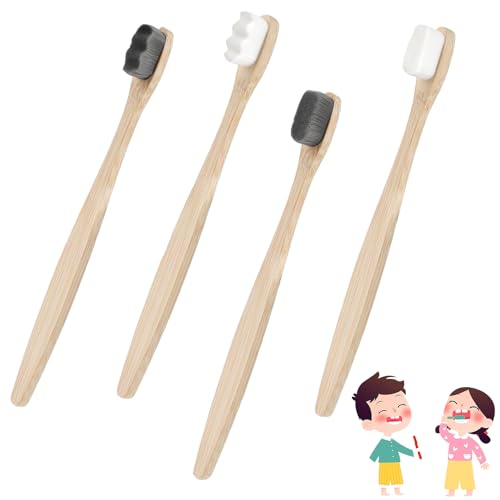 4Pcs Bamboo Toothbrushes, Natural Extra Soft Bristles, Wooden Toothbrush Premium Micro-Nano Toothbrushes, Vegan Family Set Better Brush Toothbrush for Kids Adults