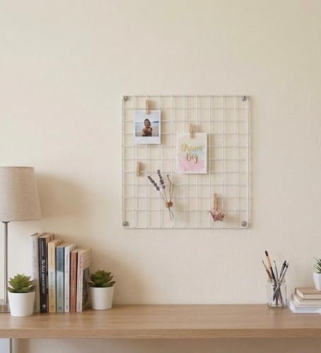 Image of Metal Wire Grid Photo Display Frame for Wall | 30 x 30 CM White Iron Mesh Memo Board | Wall Mounted Picture Organizer for Photos, Notes, Postcards, Artwork, Bedroom, Office & Home Decor