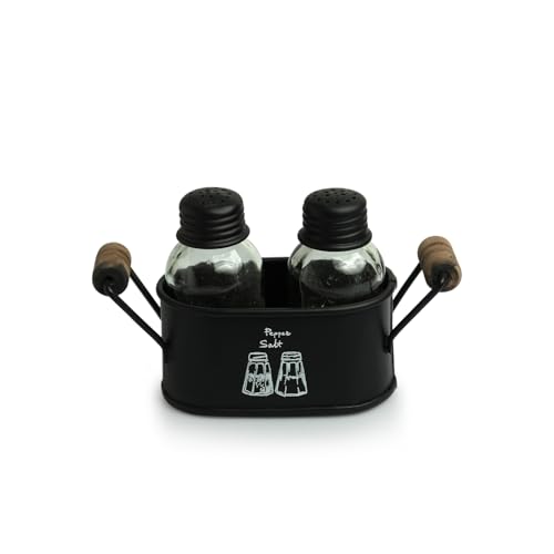 Image of ExclusiveLane 'Mason Bottle' Glass Salt Pepper Set for Dining Table with Iron Holder (Set of 2, 60 ML) | Salt and Pepper Container for Dinning Table Salt and Pepper Dispenser Salt and Pepper Shaker