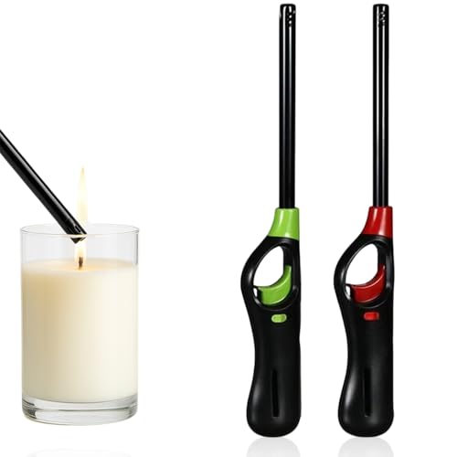 OBD 2 x Refillable BBQ Lighter Safety Gas Adjustable Flame Windproof Candle Lighter Ideal for Kitchen Barbecue Cooking Camping Fireworks (Assorted Colors)