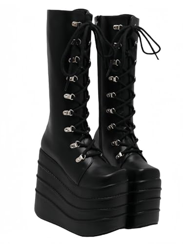 [tangcheng] ���ꃍ���O�u�[�c �R�X�v�� �����O�u�[�c �҂ݏグ 16cm�q�[�� �� �z���C�g �� �u���b�N �S�V�b�N �����[�^�C �����B�^ PUNK �p���N�C ���C ���� ���U�[�u�[�c �h�� �h�� ���� �j�����p (�u���b�N,24.5 cm)