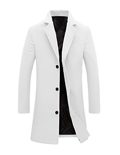 Tanming Mens Black Trench Coat Notched Lapel Single Breasted Long Peacoat Overcoat (White-L)