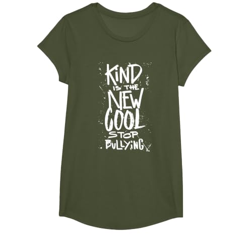Kind is the new Cool - Stop Bullying - Anti Bully Kindness T-Shirt, Girls, Olive Green, Medium
