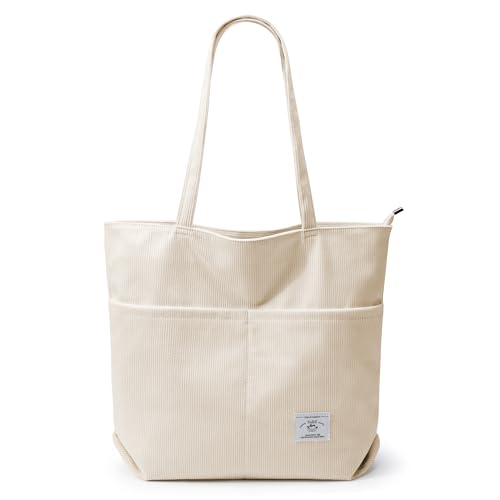 Image of KALIDI Women Corduroy Tote Bag Zipper Casual Tote's Handbag Big Capacity Shoulder Bag with Pockets