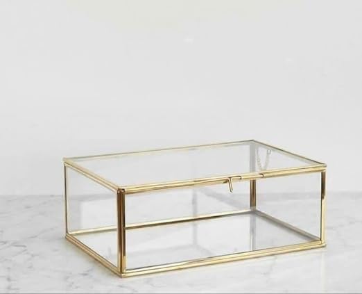 Image of Art India Collections Glass Jewelry Box with Brass Frame, Handmade Storage Box, 11x7x4 inches, Gold