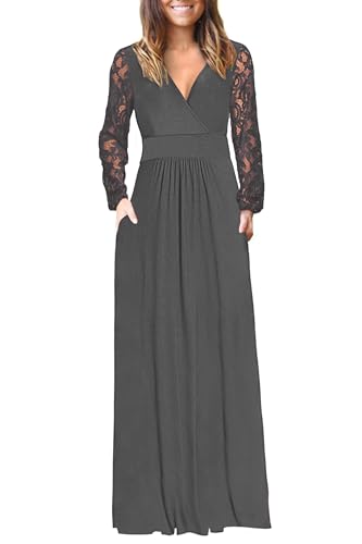 Image of AUSELILY Womens Long Sleeve Maxi Dress 2026 Fall Lace Long Sleeve Dress V Neck Wrap Waist Long Dresses with Pockets