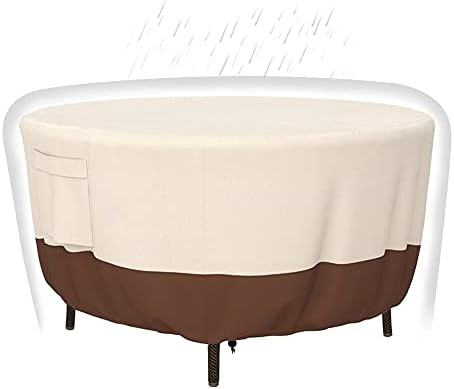 Patio Furniture Covers, Heavy Duty Round Patio Table Cover (48D x 26H Inch) Outdoor Dining & Coffee Table Cover for Veranda, Lawn, Table, Chair-Waterproof & Weather Resistant, Anti UV - Beige & Brown