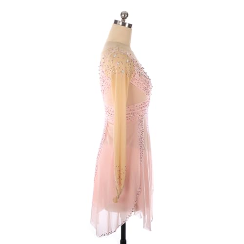 Vestido de patinação artística, rosa brilhante strass mangas na ponta dos dedos fantasia de competiç