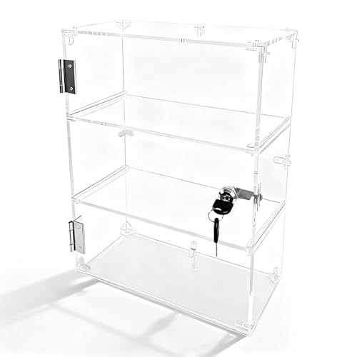 3 Shelf Acrylic Display Case with Lock,Clear Acrylic Box ,Retail Display Case for Collectibles,Used to Store Collectibles, Jewelry, valuables, etc.-Safe and Orderly. (15.75*11.81*5.91)