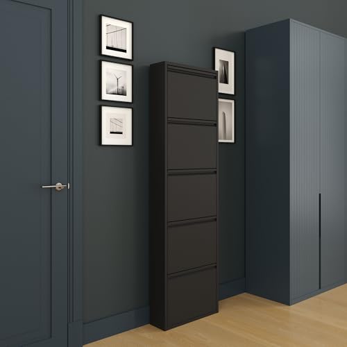 furni24 Schuhschrank, 5 Klappen, Metall, 10–14 Paar, wandmontierbar, vormontiert – Schwarz – Miniatur