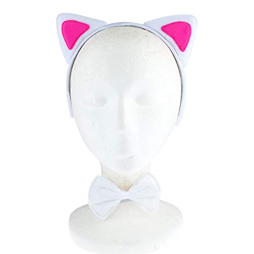 LUX ACCESSORIES Halloween White Pink Cute Fun Kitty Cat Ears Bowtie Tail Cosplay Costume Set (3pcs)