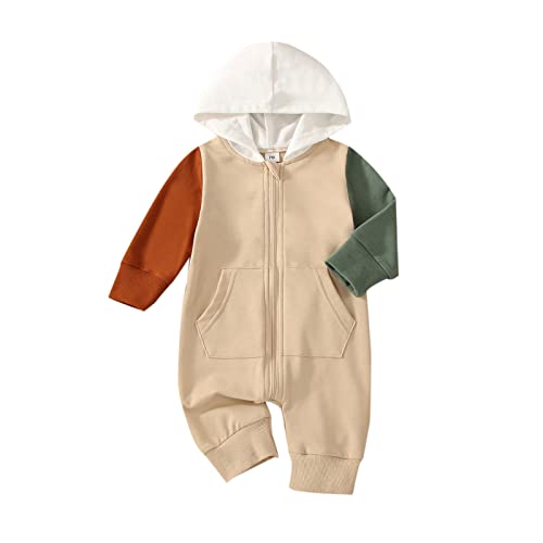 Image of Ynibbim Winter Newborn Baby Boy Girl Solid Romper Unisex Infants Hooded Outfit Clothes Waffle Cotton Button Jumpsuits