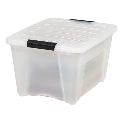 Image of IRIS USA 32 Qt Stackable Plastic Storage Bins with Lids, 6 Pack - BPA-Free, Made in USA - Discreet Organizing Solution, Latches, Durable Nestable Containers, Secure Pull Handle - Pearl