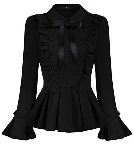 Womens Vintage Ruffle Sleeve Jacket Button Down Peplum Blouse Black S