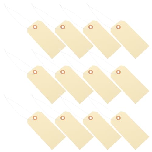 Etiquetas colgantes amarillas de papel resistente con cuerda elástica para tiendas, 100 uds