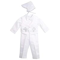 Lito Angels Baby Jungen Taufkleidung Taufe Anzug mit Taufhaube, 4 Teiliges Satin Taufanzug Weiß, Strass Kreuz Muster, Langarm, Größe 3-6 Monate 68
