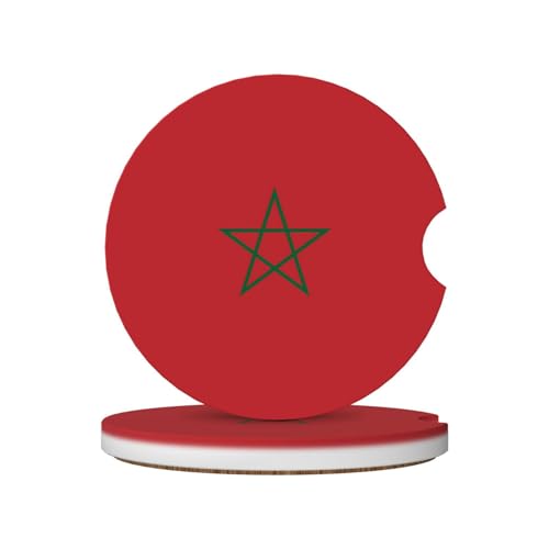 Phayah Lot de 2 sous-verres de voiture Drapeau du Maroc 6,5 cm en céramique avec base en pierre et liège, accessoires automobiles pour homme et femme