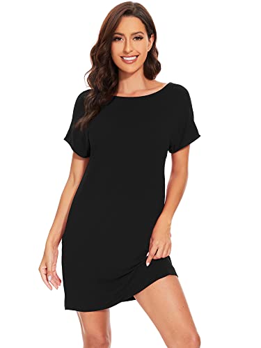 Wiwi Women's Bamboo Nightgowns Short Sleeve Nightshirt Round Neck Sleepwear Loose Comfy Sleep Dress With Pockets S-Xxl, Black, Xx-Large #TOP3