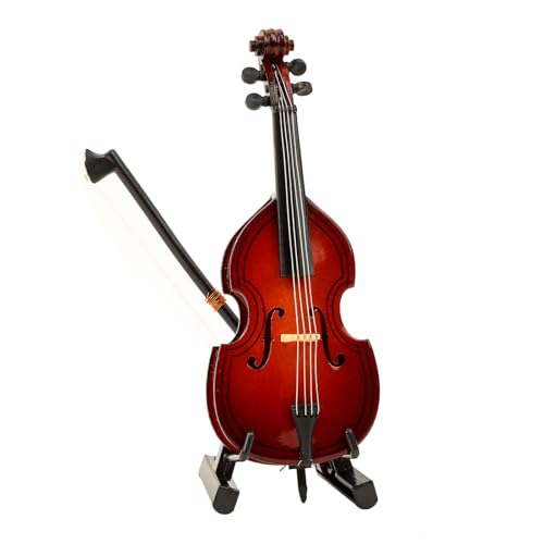 Dselvgvu Wooden Miniature Double Bass with Stand, Bow and Case Mini Musical Instrument Contrabass Replica Collectible Figurines Upright Bass Model Home Decoration Display Ornament (3.94"x1.51"x0.91")