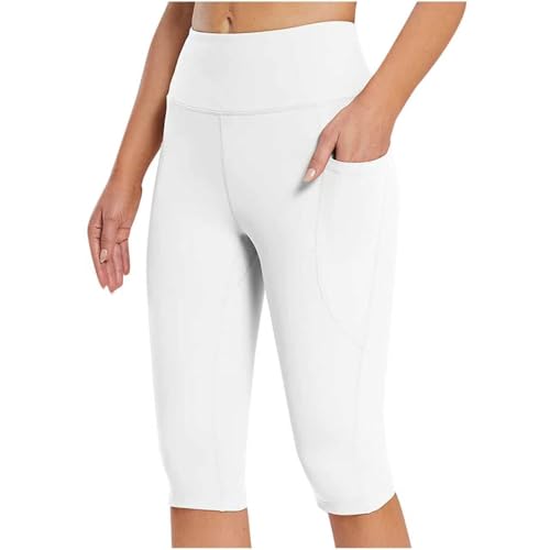 ZERAOKE Capris Athletic Pants for Women with Pockets,Female High Waist Yoga Leggings for Gym Running Training Pilates-White-S