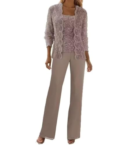 Image of 3 Pieces Chiffon Lace Mother of The Bride Pant Suits with Jackets Sequins Wedding Guest Dresses for Women