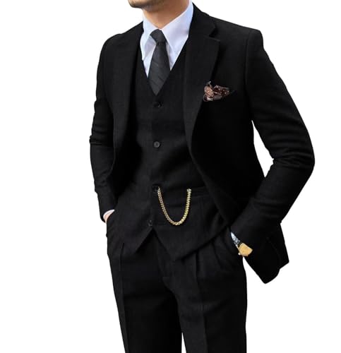 3 Piece Suit Tweed Herringbone Men's Suits Slim Fit Groom Tuxedos Set Prom Brown Grey Jacket Blazer Vest Pants Black 6XL