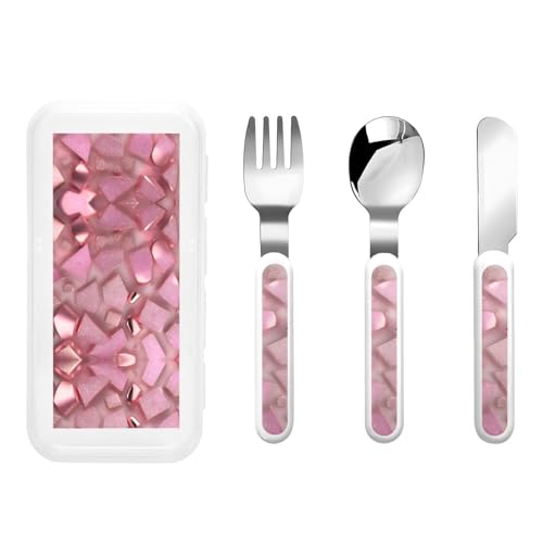 Rose Gold Faux Glitter print Travel Utensil Set with Case. Include Fork Spoon Knife,Ergonomic Right Handed Spoon
