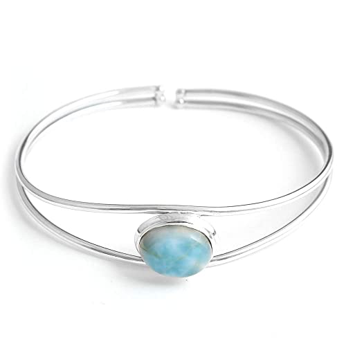 Natural Larimar bangle Bracelet Boho Vantage Style Handmade Sterling Silver Bracelet for Mom Wife Her, BY TEJIKA