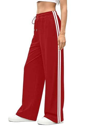 ALIMASHA Track Pants Women Wide Leg Baggy Sweatpants Elastic Waist Comfy Lounge Casual Gym Pants Women Fashion High Waisted NEW Red M