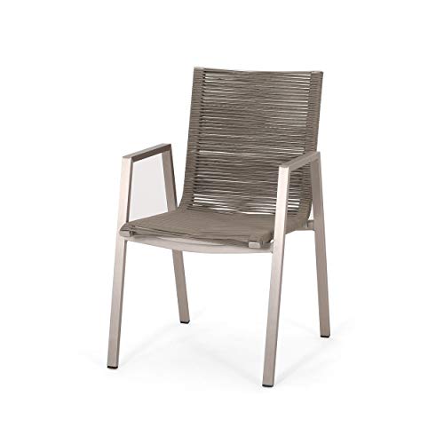Elma Outdoor Modern Aluminum Dining Chair With Rope Seat (Set Of 2), Silver And Taupe #TOP3