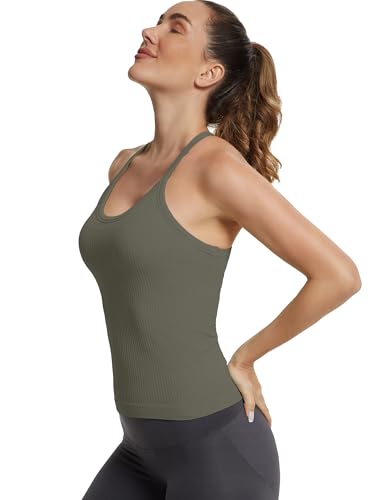 Image of MathCat Seamless Workout Tank Tops with Built in Bra,Racerback Athletic Tank Tops Ribbed Soft Yoga Shirts XS-XL