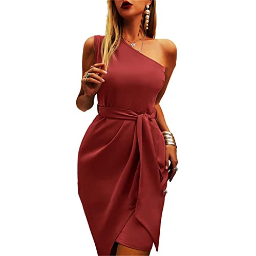 Robe mi-longue froncée à une épaule Yytcsjz avec ceinture en satin pour cocktail d'été