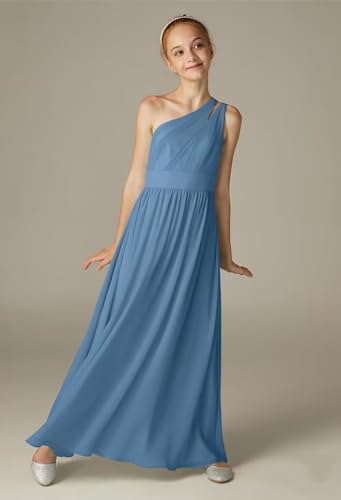 TIANMEI Junior Bridesmaid Dresses for Teen Girls One Shoulder Chiffon Flower Girl Dresses for Wedding2