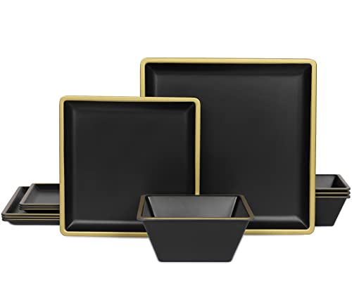 Melamine Square Dinnerware Sets-12 Piece Melamine Plates And Bowls Service For 4， Lightweight Square Dinner Plates, Side Plates, Cereal Bowls Set #TOP27