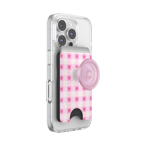 Image of PopSockets Phone Wallet for MagSafe, Phone Card Holder with Grip, Checkered - Blush Gingham