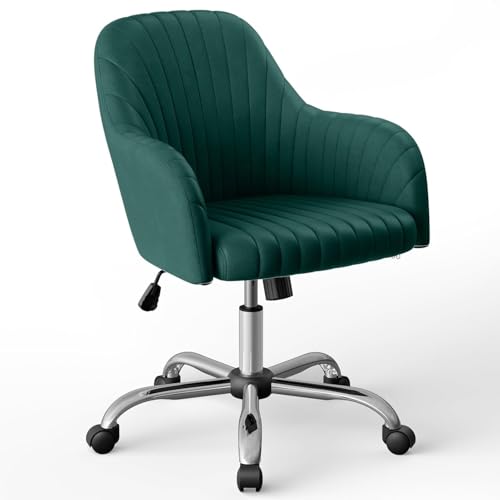 Image of Velvet Desk Chair for Home Office, Adjustable Swivel Task Chair Modern Computer Vanity Chairs with Arm Rest for Bedroom Living Room Make-up Room (Green)