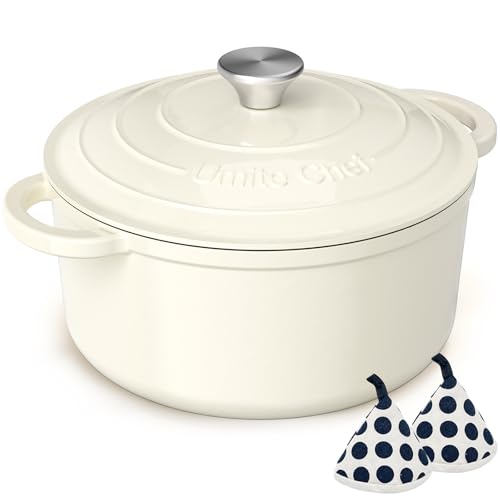Comparison: Best Oven For Bread Baking 5 Enameled Cast Iron Dutch Oven - Umite Chef 5QT Pot with Lid & Cotton Potholders - Heavy-Duty Cookware for Bread Baking, Braising, Stews, Roasting(Cream White)