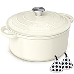 Enameled Cast Iron Dutch Oven - Umite Chef 5QT Pot with Lid & Cotton Potholders - Heavy-Duty Cookware for Bread Baking, Braising, Stews, Roasting (Cream White)