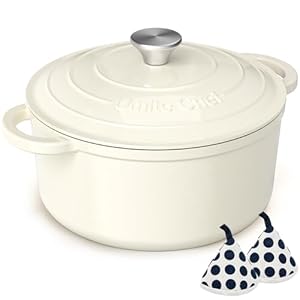 Enameled Cast Iron Dutch Oven – Umite Chef 5QT Pot with Lid & Cotton Potholders – Heavy-Duty Cookware for Bread Baking, Braising, Stews, Roasting(Cream White)
