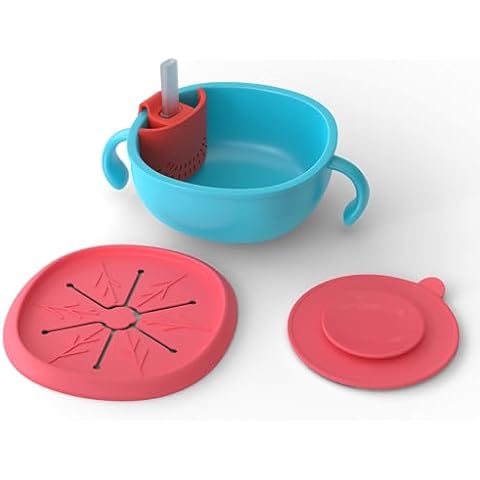 KinderSense Numi Baby Feeding Super Bowl: Safety-First Design with Food Straw, Snack Cover, Leak-Proof Seals, Grip Handles and Suction Bottom - BPA Free + FDA Registered (Green/Red) Cover