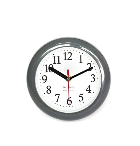 Wazstone Perfect Bay Water Resistant Clock, Quiet Non-Ticking Sweep Movement, Simple Design, 6.5'' In Diameter, Abs Glass, Flexible Options To Hang Or Stand. Withstand Vapor And Moisture (Grey) #TOP5